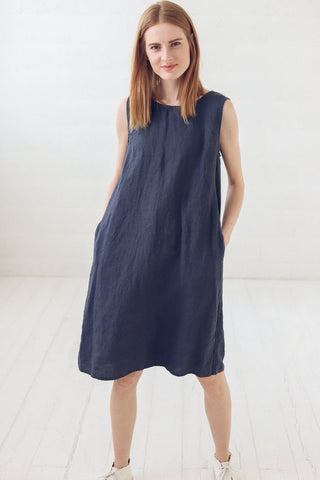 READY TO SHIP Simple Midi Linen Dress with Pockets Old Linen Mill
