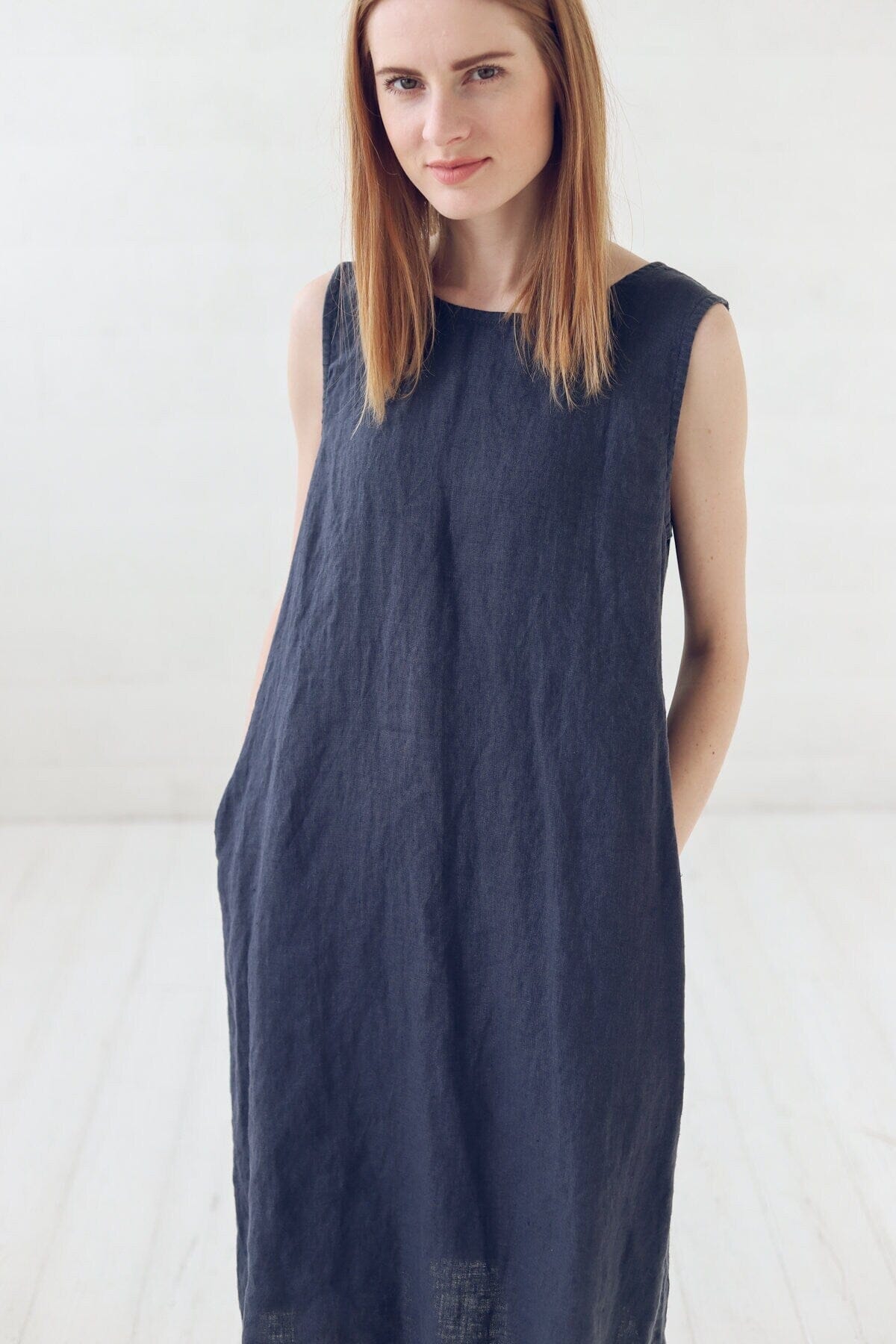 READY TO SHIP Simple Midi Linen Dress with Pockets Old Linen Mill