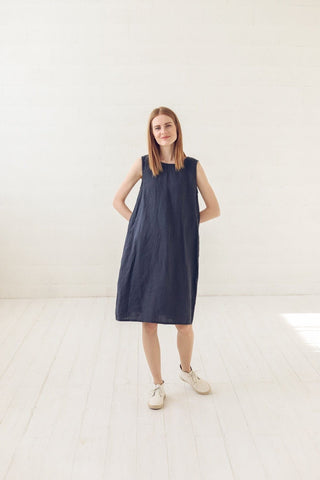 READY TO SHIP Simple Midi Linen Dress with Pockets Old Linen Mill