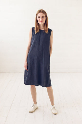 READY TO SHIP Simple Midi Linen Dress with Pockets Moss Green / S/M Old Linen Mill