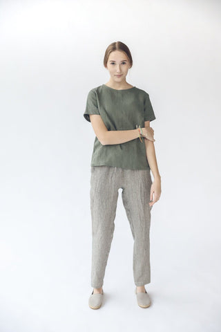 READY TO SHIP Tapered Linen Pants/Soft Slim Linen Pants Old Linen Mill Natural Gray Stripes XS 