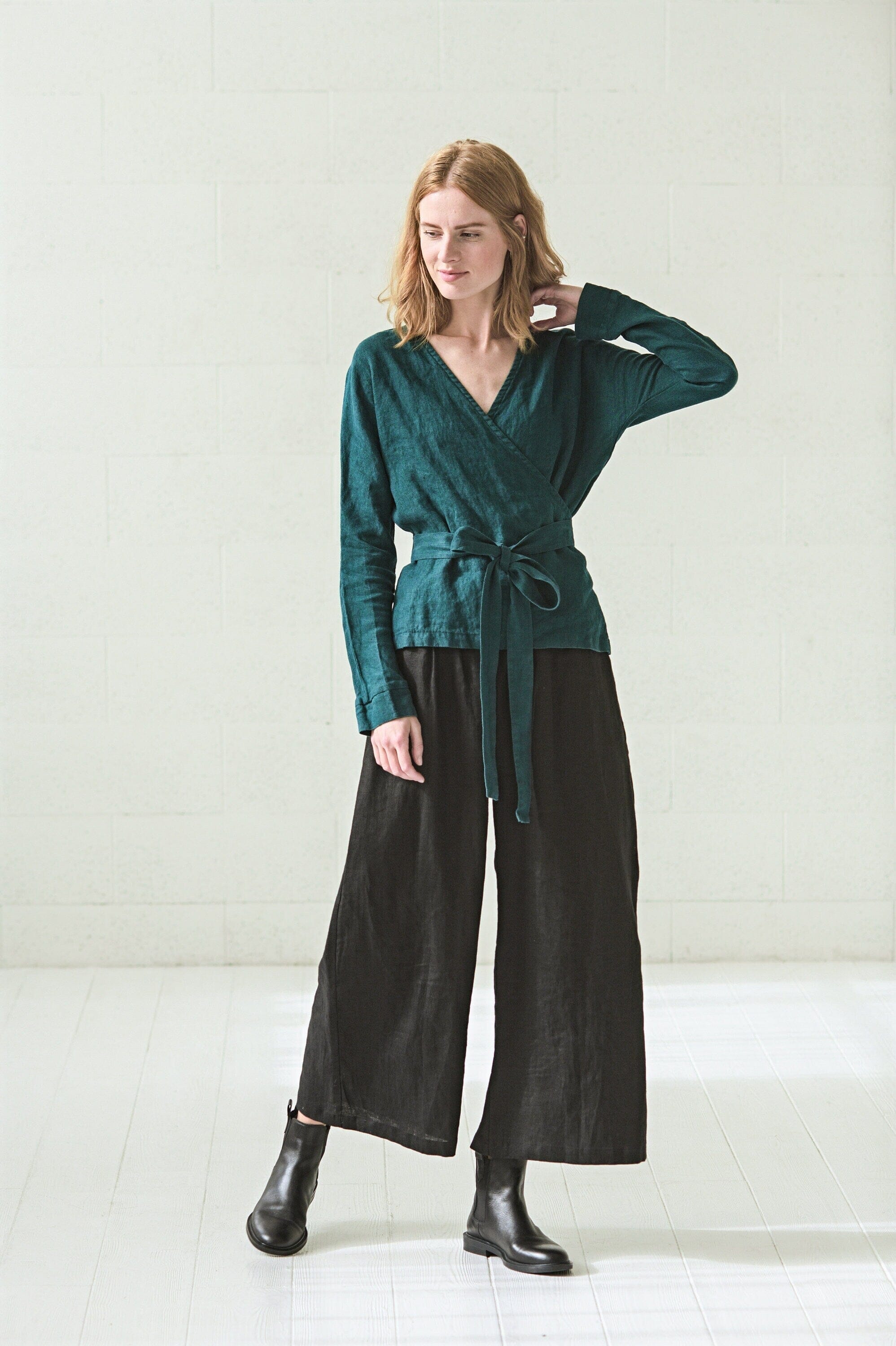 READY TO SHIP Wrap Linen Long Sleeve Blouse Old Linen Mill