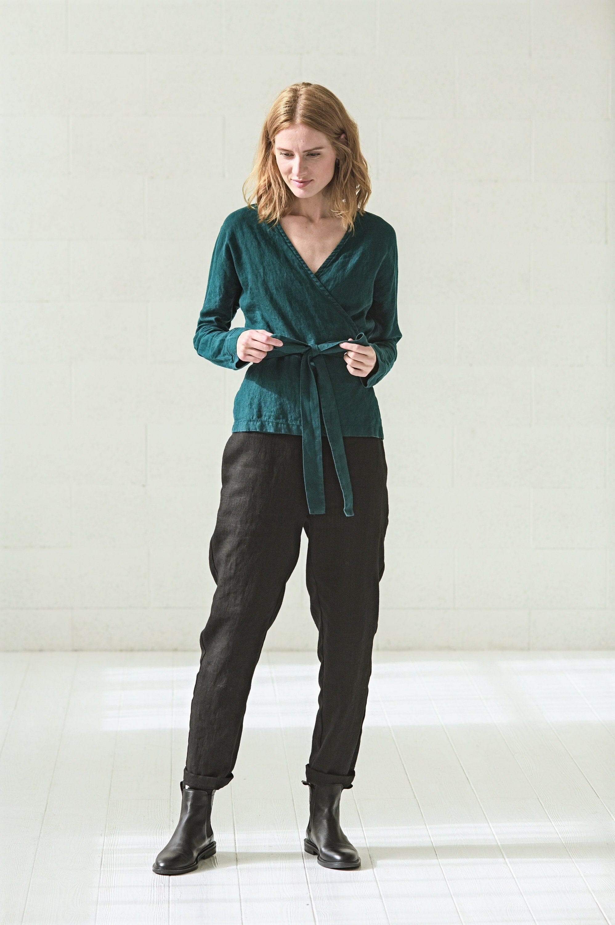 READY TO SHIP Wrap Linen Long Sleeve Blouse Old Linen Mill