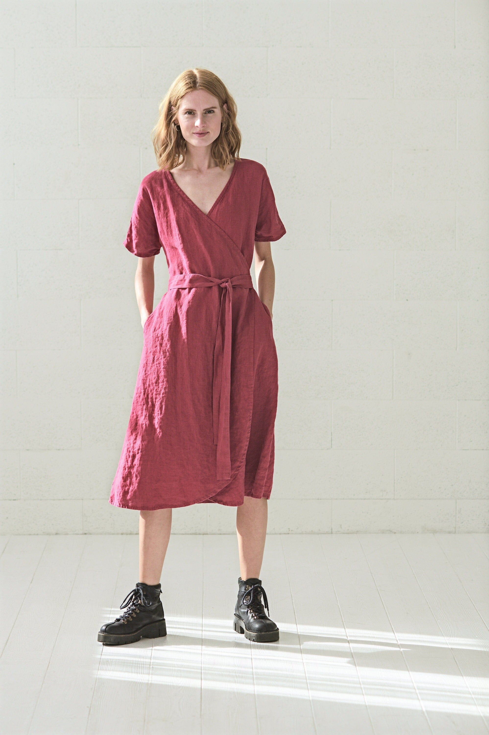 READY TO SHIP Wrap Midi Linen Summer Dress Old Linen Mill