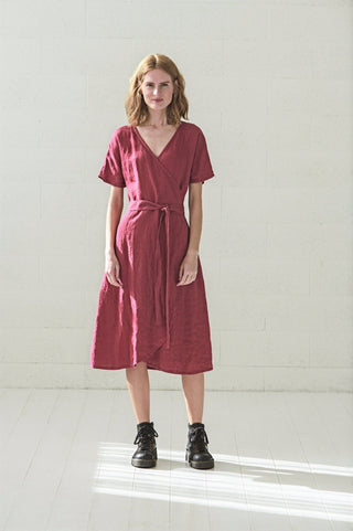 READY TO SHIP Wrap Midi Linen Summer Dress Old Linen Mill