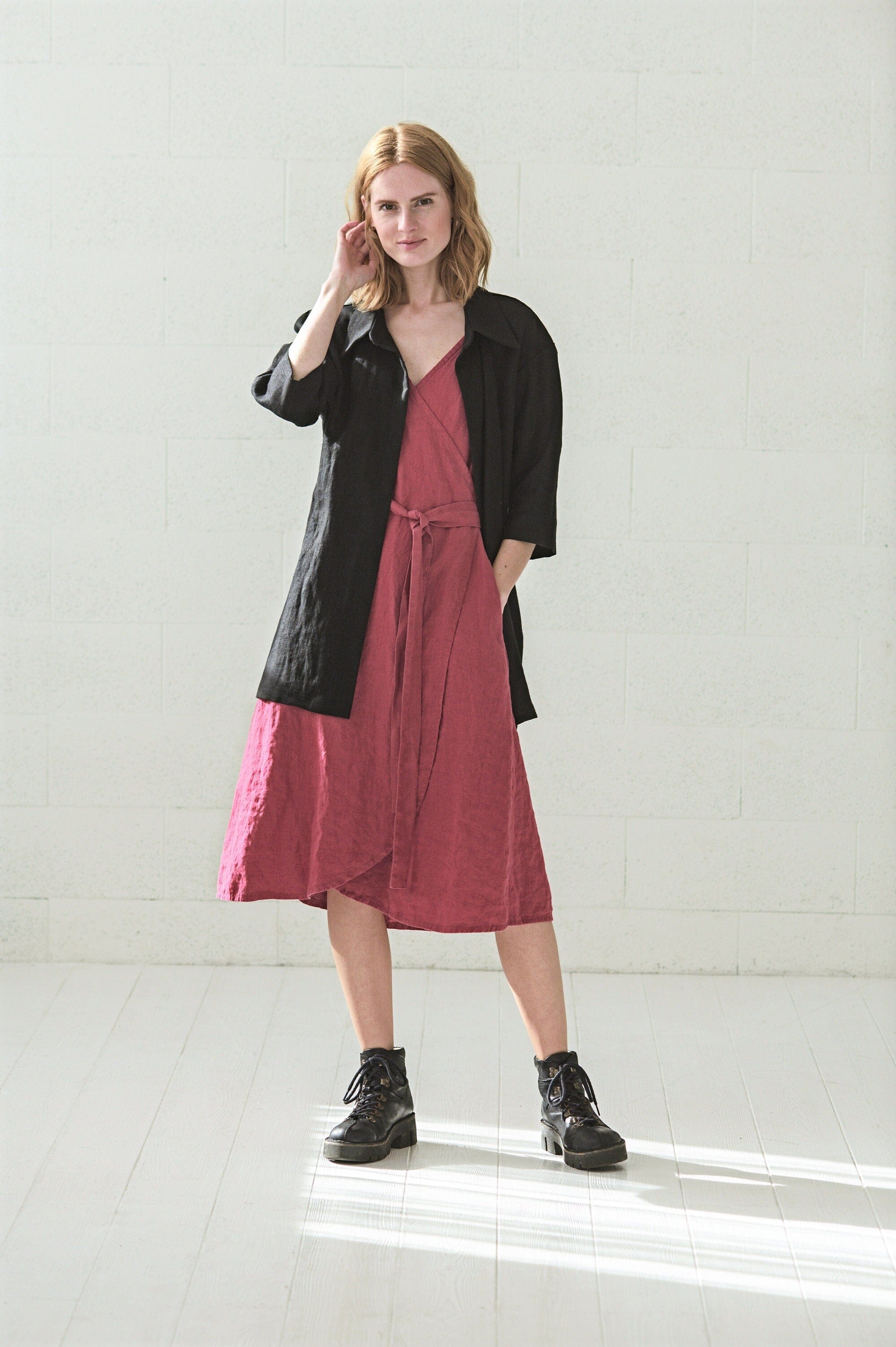 READY TO SHIP Wrap Midi Linen Summer Dress Dark Forest / XL/XXL Old Linen Mill