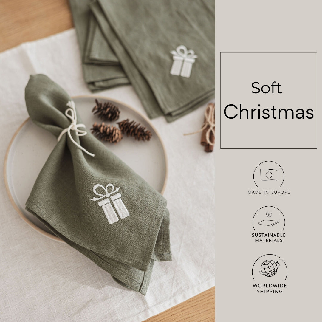 Sage Green Christmas Linen Napkin Set – Embroidered Gift Design Old Linen Mill