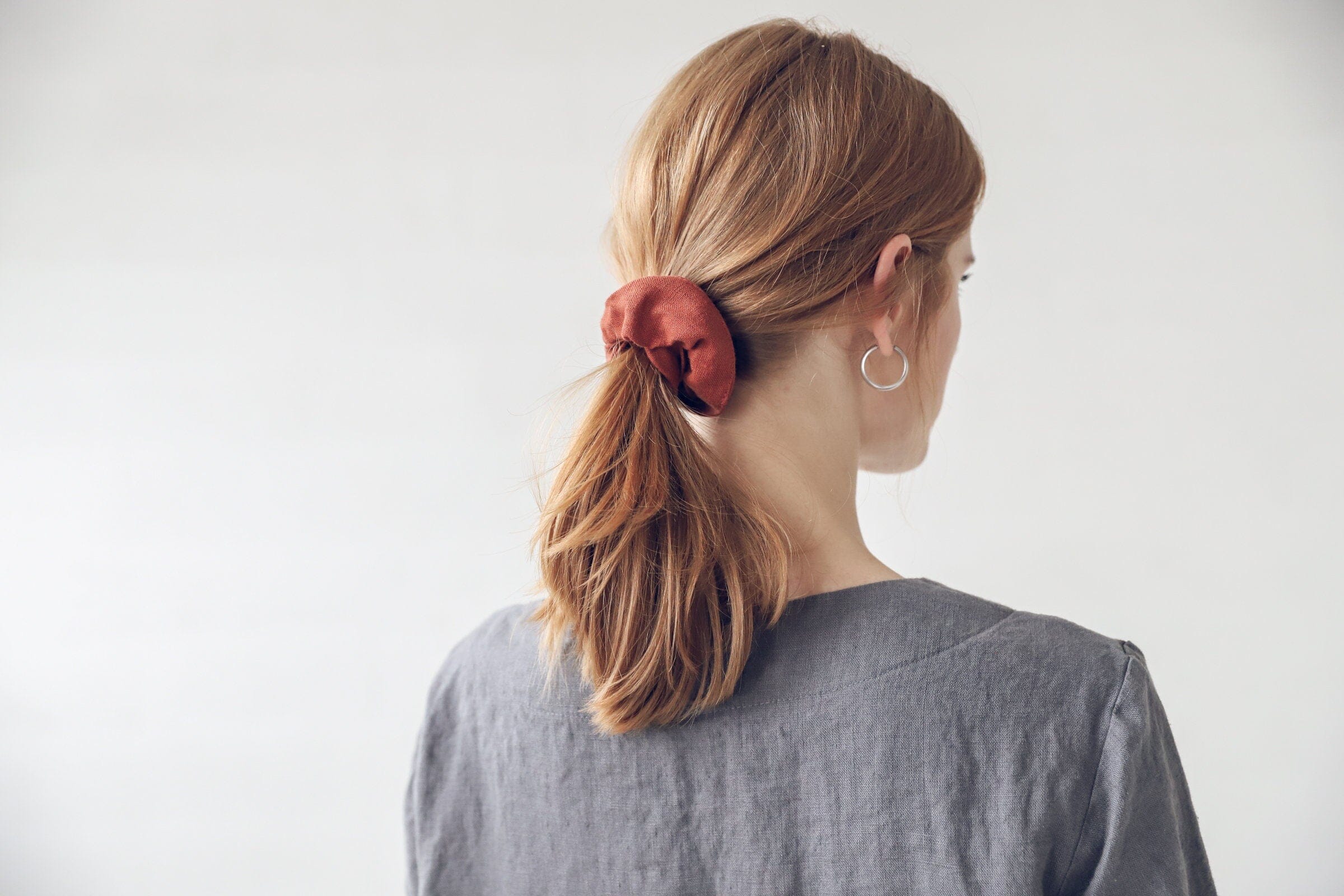 Set of 2 Handmade Linen Hair Scrunchies Old Linen Mill Ruby Red 