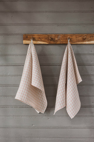Set of 2 In Natural Red Checks Tea Towels Old Linen Mill
