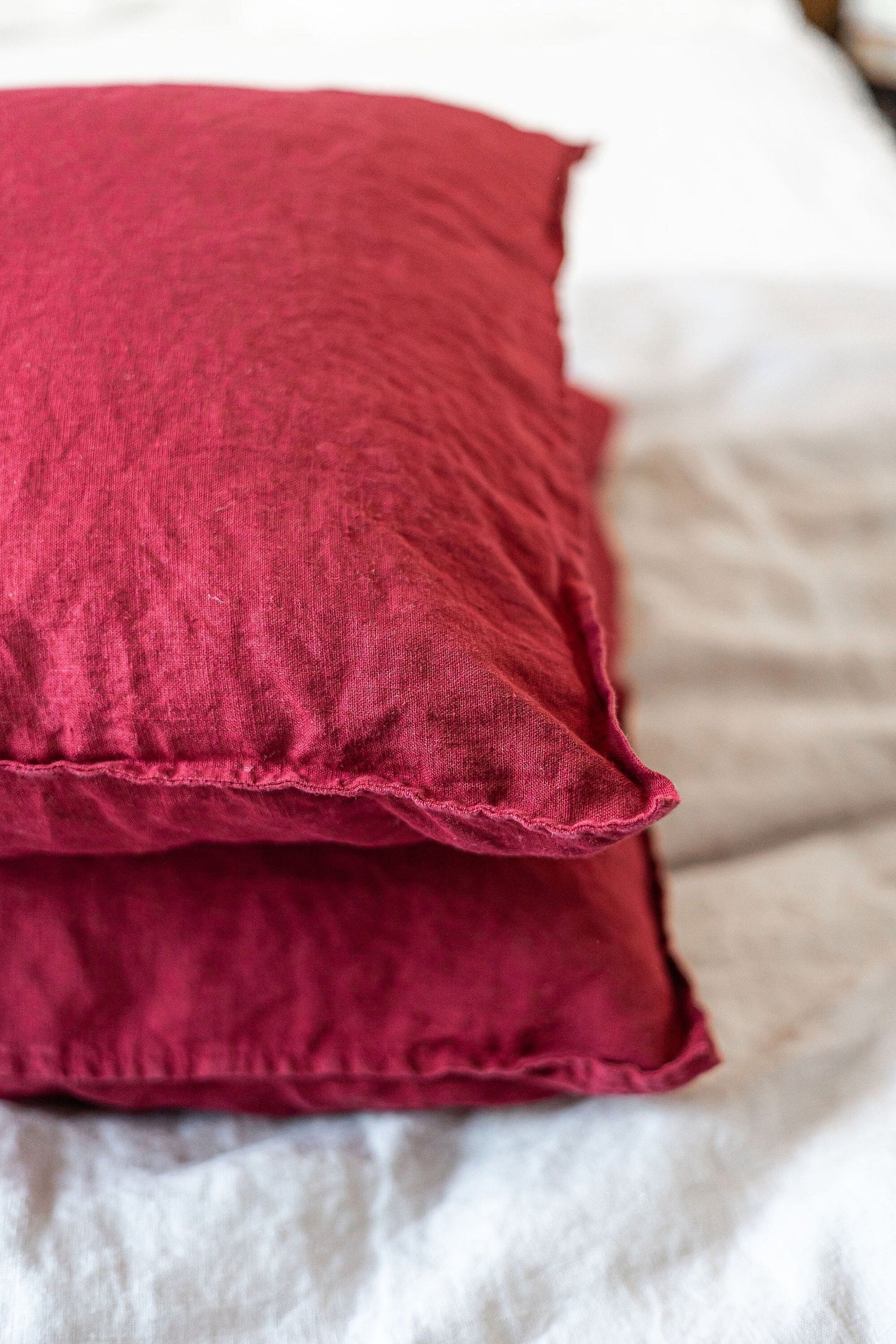 Set of 2 Linen Pillowcases Border Edges in Ruby Red Old Linen Mill