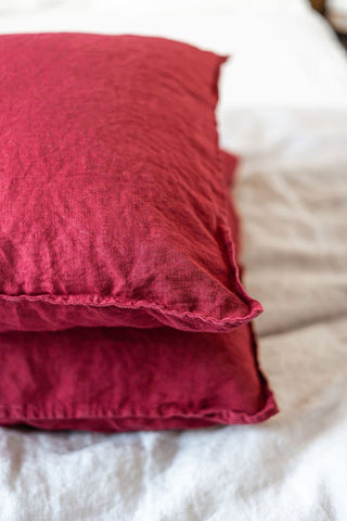 Set of 2 Linen Pillowcases Border Edges in Ruby Red Old Linen Mill