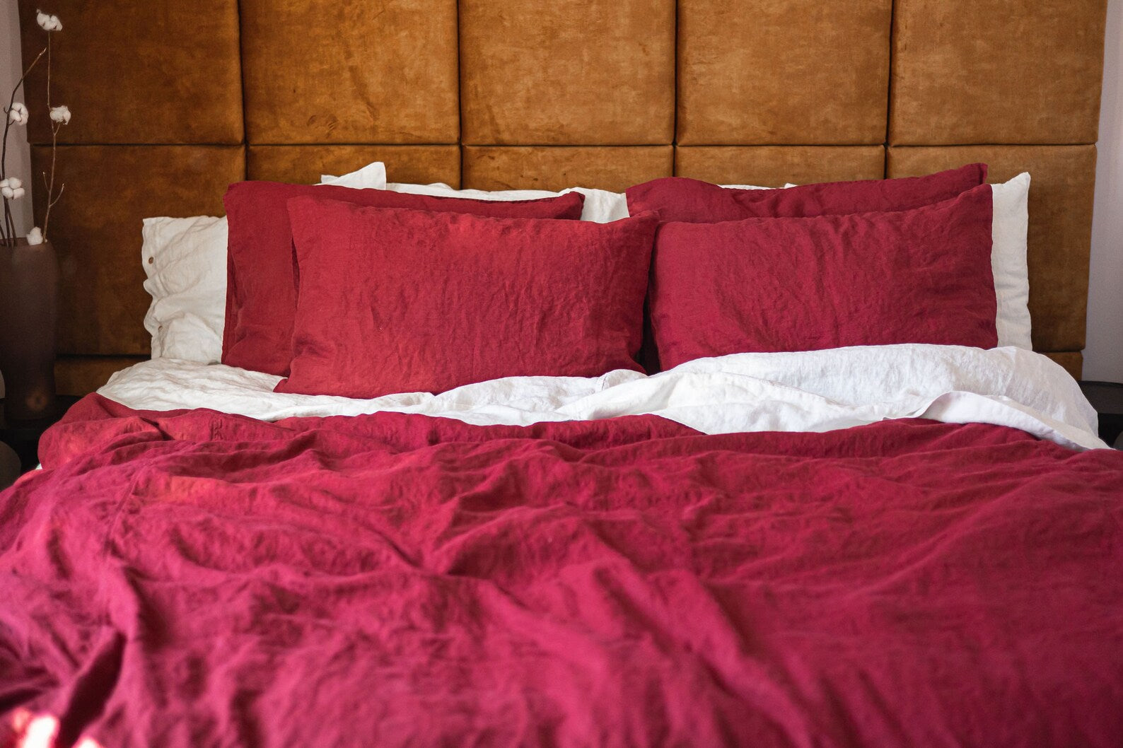 Set of 2 Linen Pillowcases Border Edges in Ruby Red Old Linen Mill