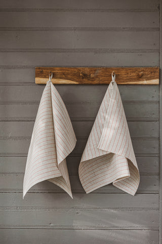 Set of 2 Natural Wide Red Stripes Tea Towels Old Linen Mill