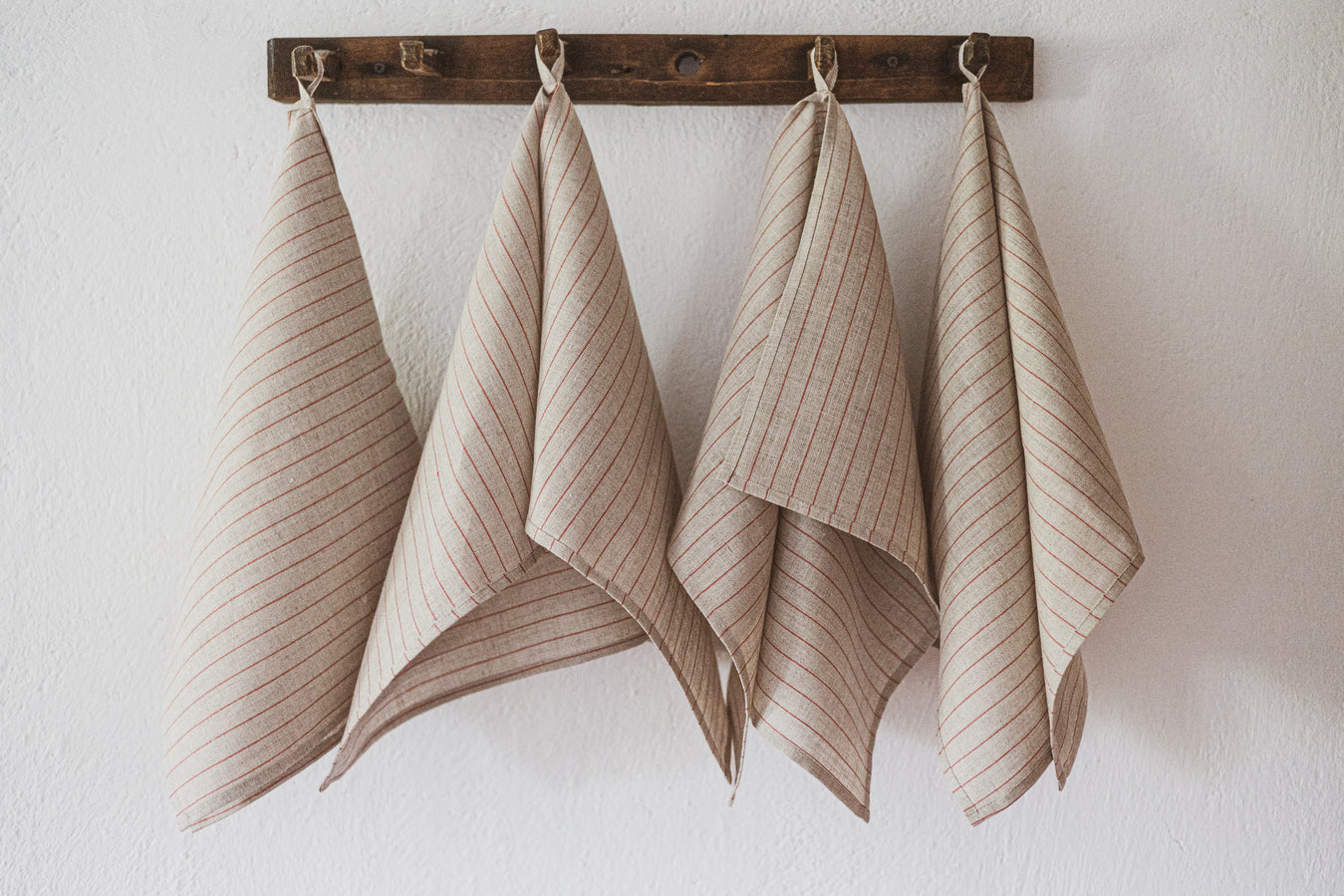 Set of 2 Natural Wide Red Stripes Tea Towels Old Linen Mill