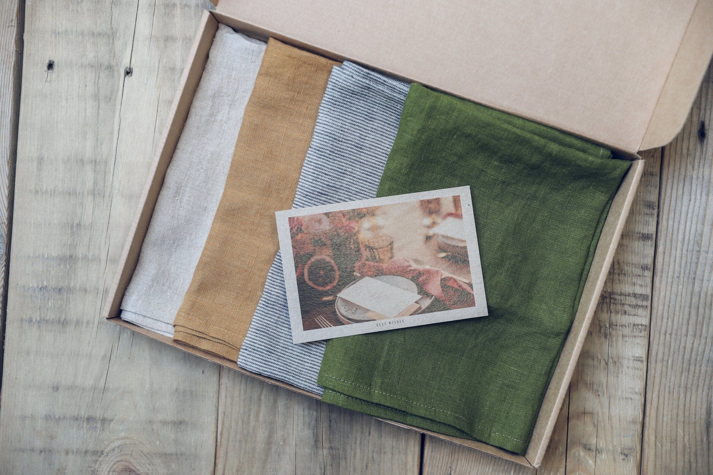 Set of 3 Natural Linen Tea Towels in Gift Box Old Linen Mill Towels No Gift Box Coffee 