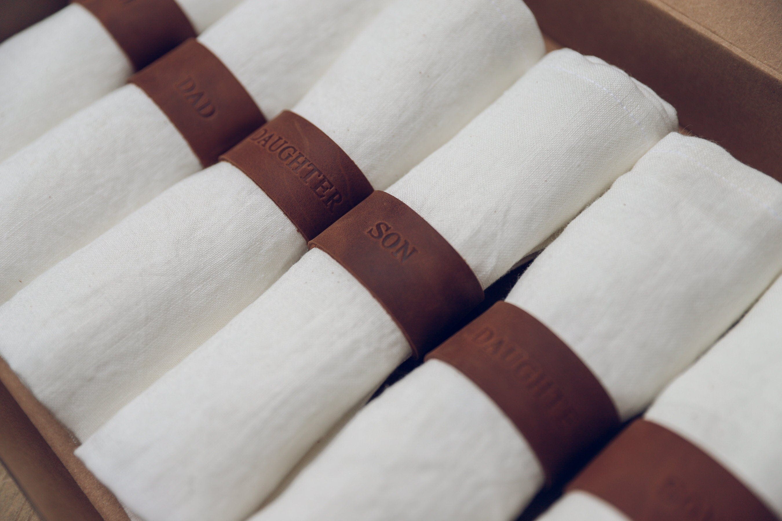 Set of 6 Handmade Personalized Table Linen Napkins with Leather Rings Old Linen Mill 