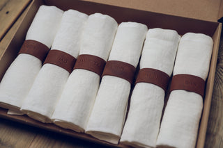 Set of 6 Handmade Personalized Table Linen Napkins with Leather Rings Old Linen Mill Small Grey Checks 