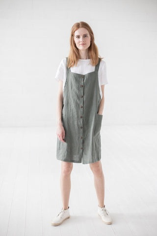 Short Linen Button Down Pinafore Dress Old Linen Mill Small Grey Checks XS/S 