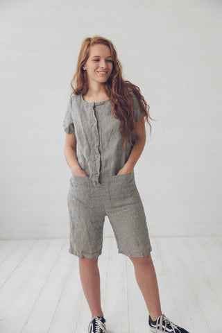 Short Linen Jumpsuit Overall Old Linen Mill Small Grey Checks XS 