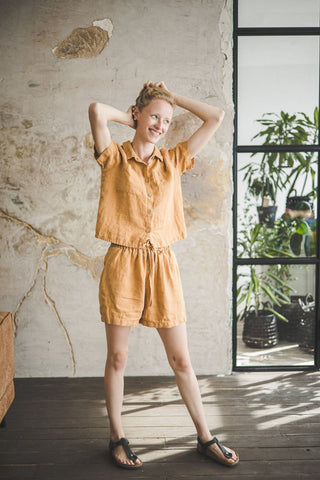 Short Linen Shirt Loose Style Old Linen Mill Small Grey Checks XS 