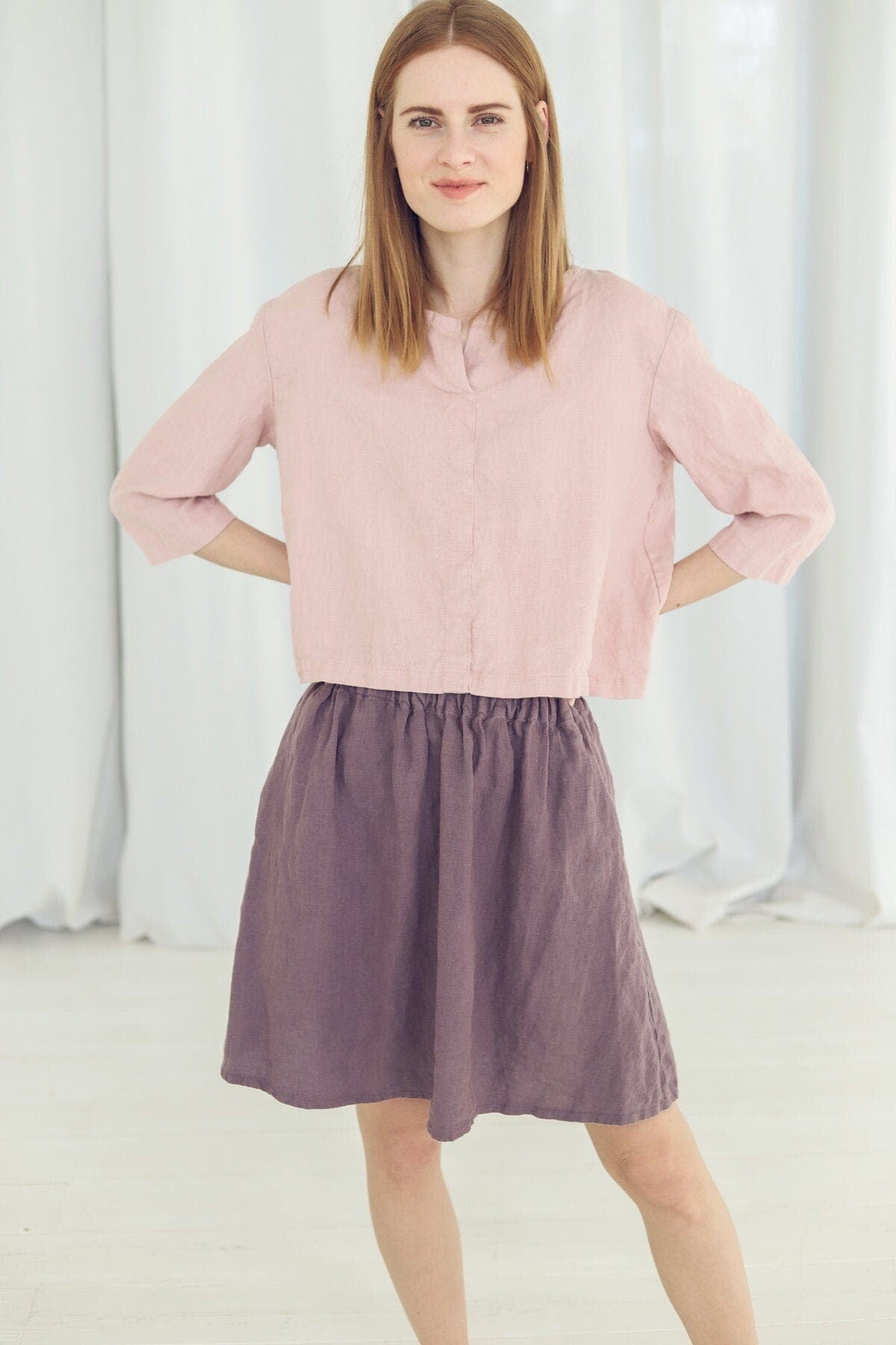 Short Linen Summer Blouse Old Linen Mill Small Grey Checks XS/S 