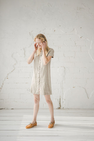 Short Shirt Linen Dress Buttons Down Old Linen Mill Heavy Black XS 