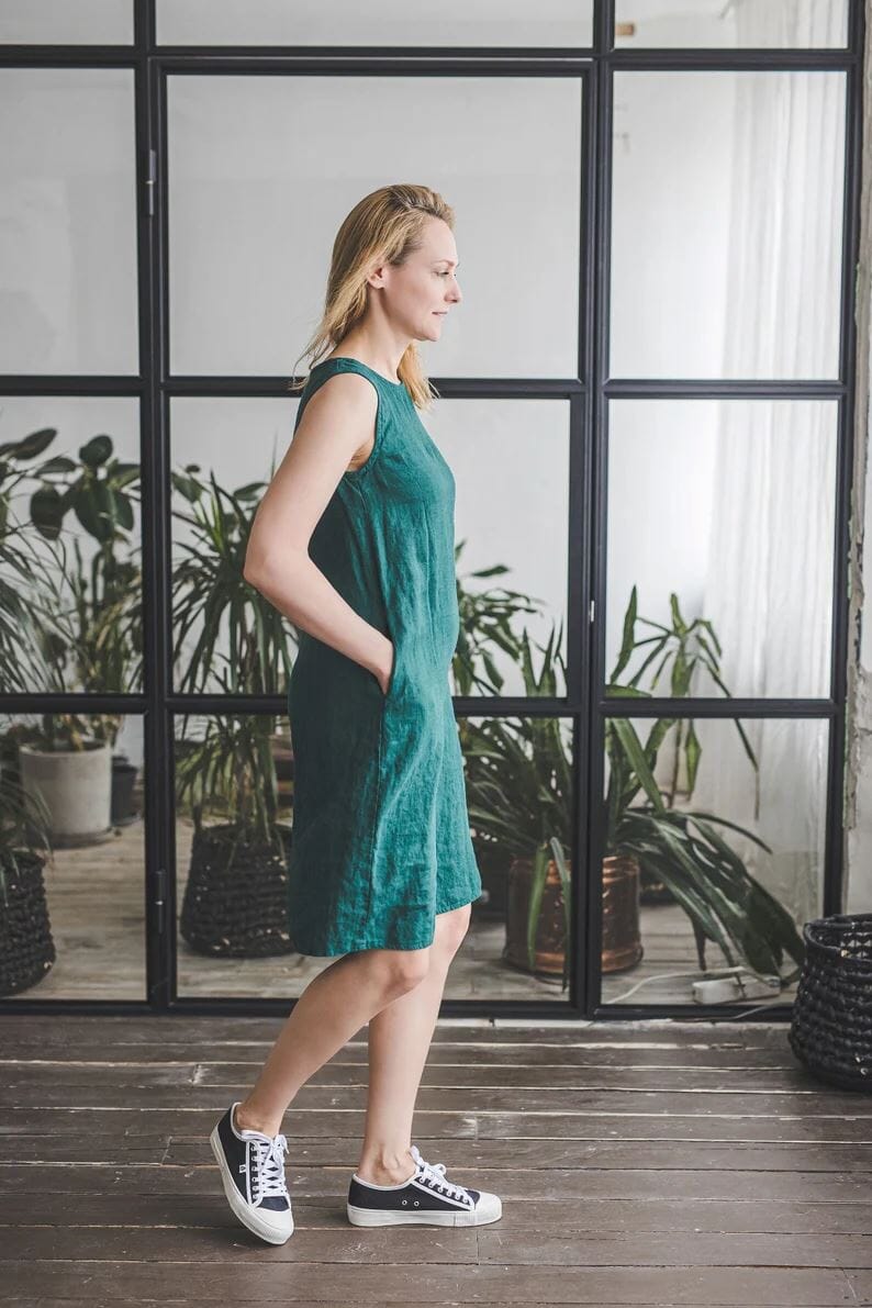 Simple Linen Midi Dress with Pockets Old Linen Mill 