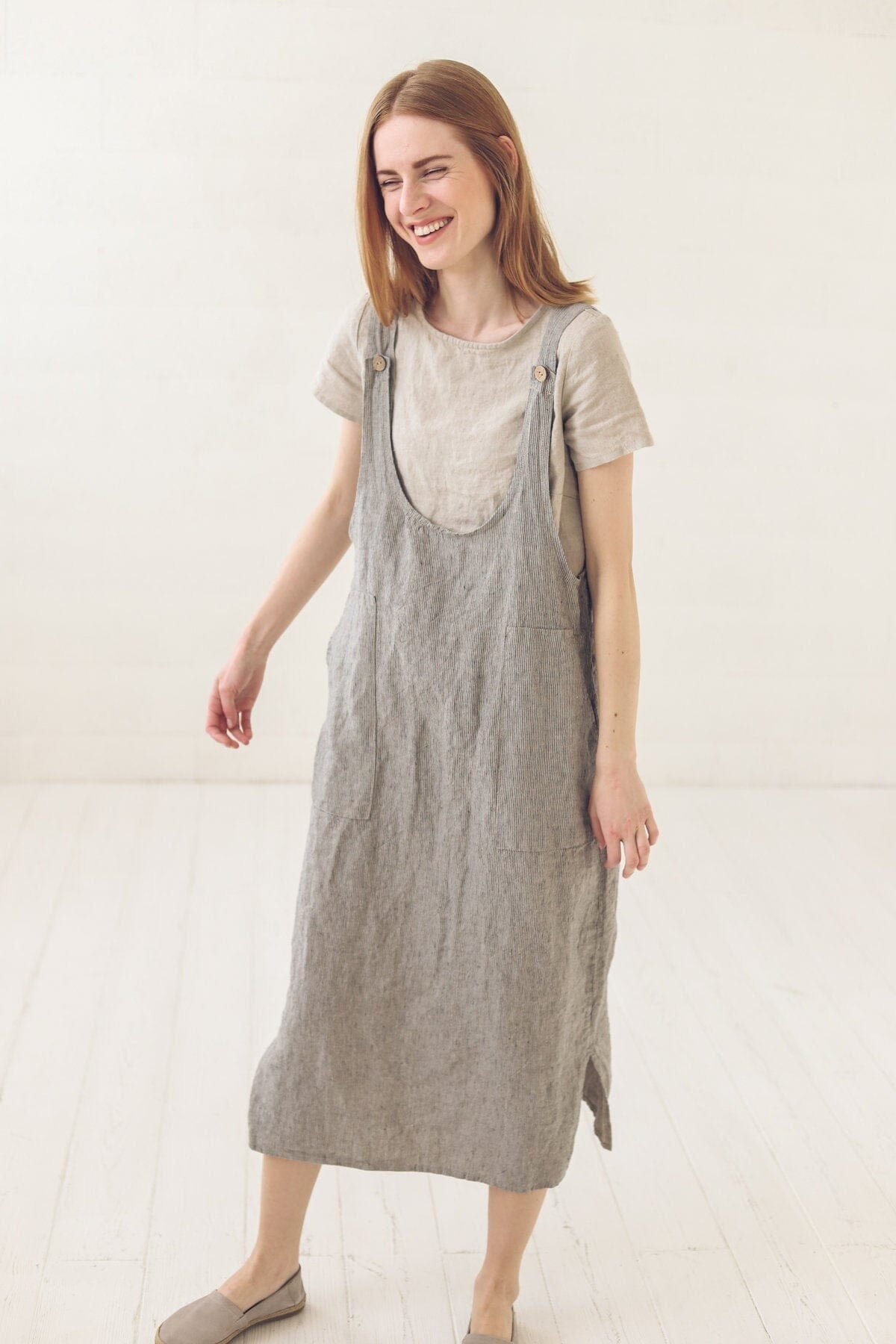 Simple Striped Linen Pinafore Dress Old Linen Mill 