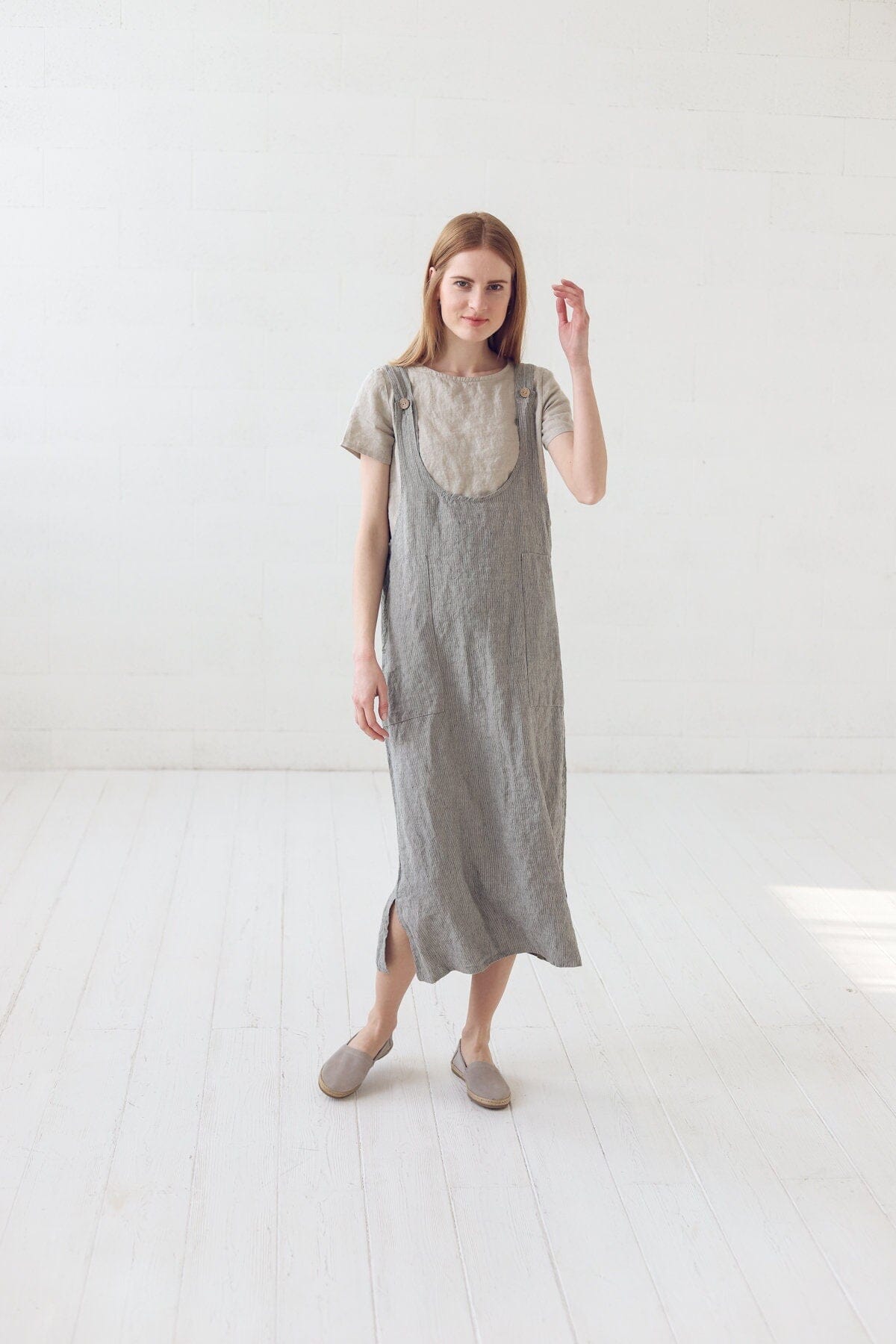 Simple Striped Linen Pinafore Dress Old Linen Mill 