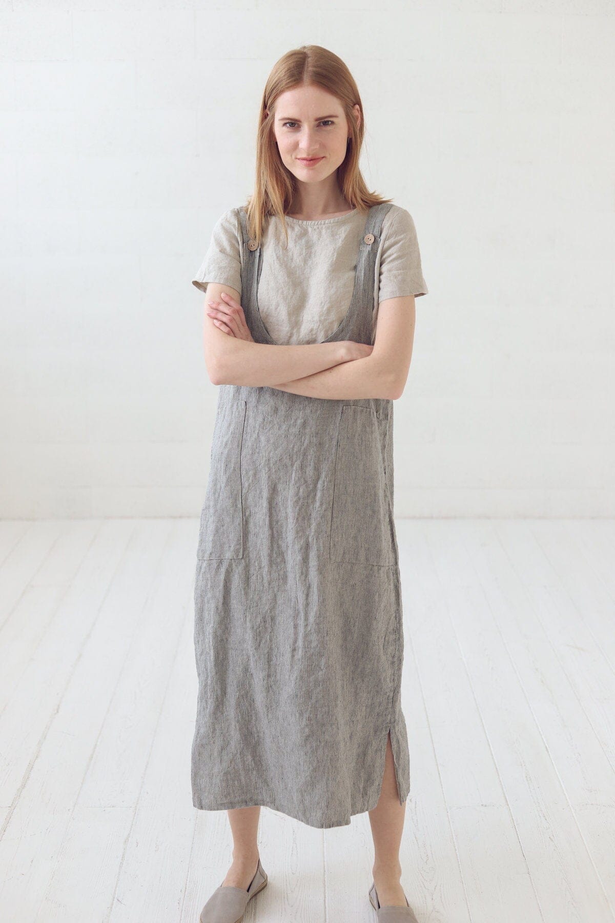 Simple Striped Linen Pinafore Dress Old Linen Mill 