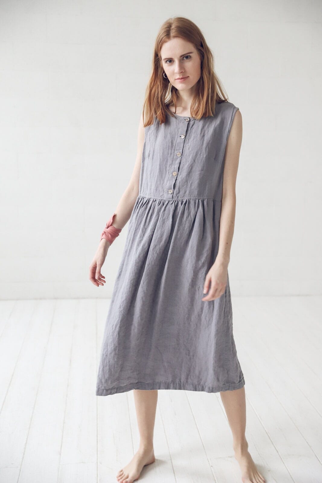 Sleeveless Linen Dress with Buttons Old Linen Mill Small Grey Checks XS 