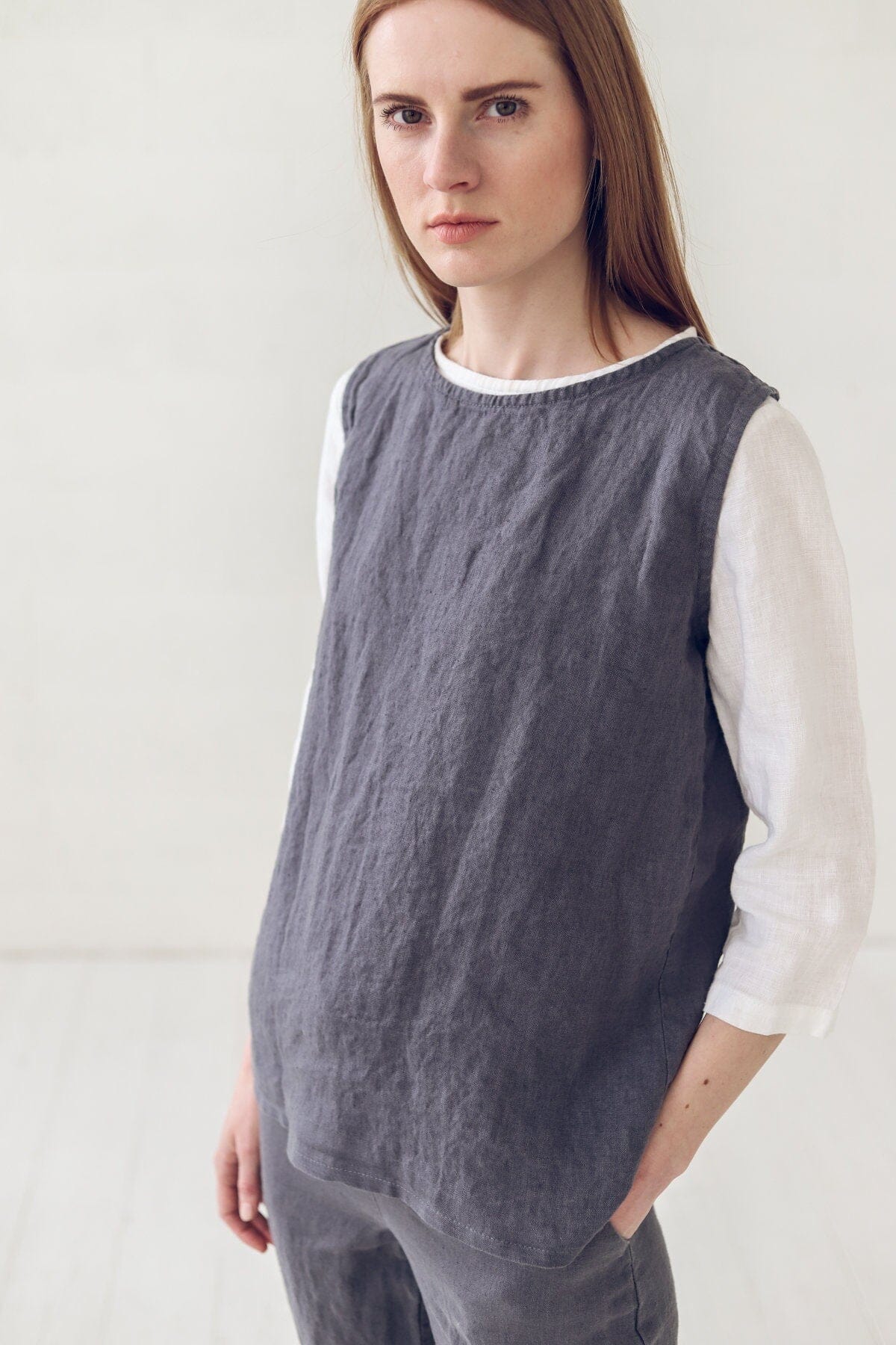 Sleeveless Linen Top Vest Tie Old Linen Mill 