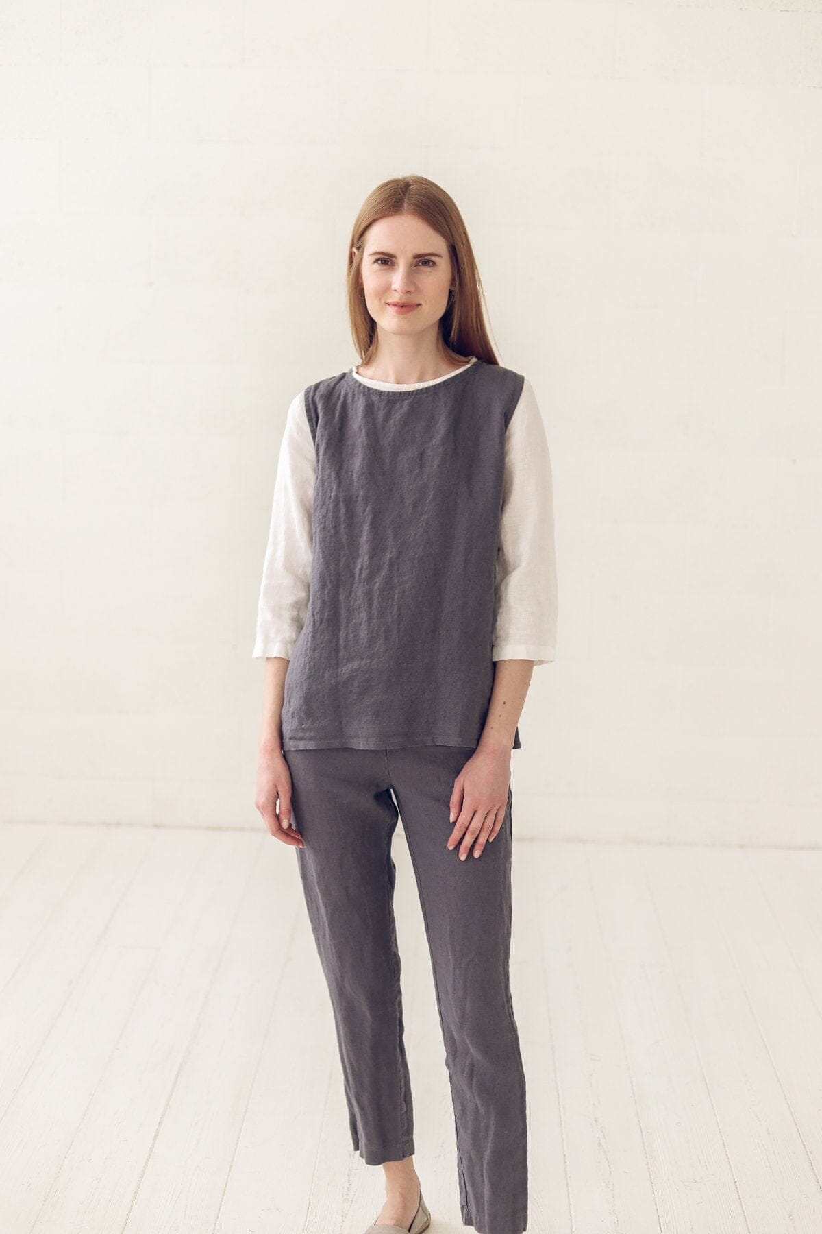 Sleeveless Linen Top Vest Tie Old Linen Mill Small Grey Checks XS/S 