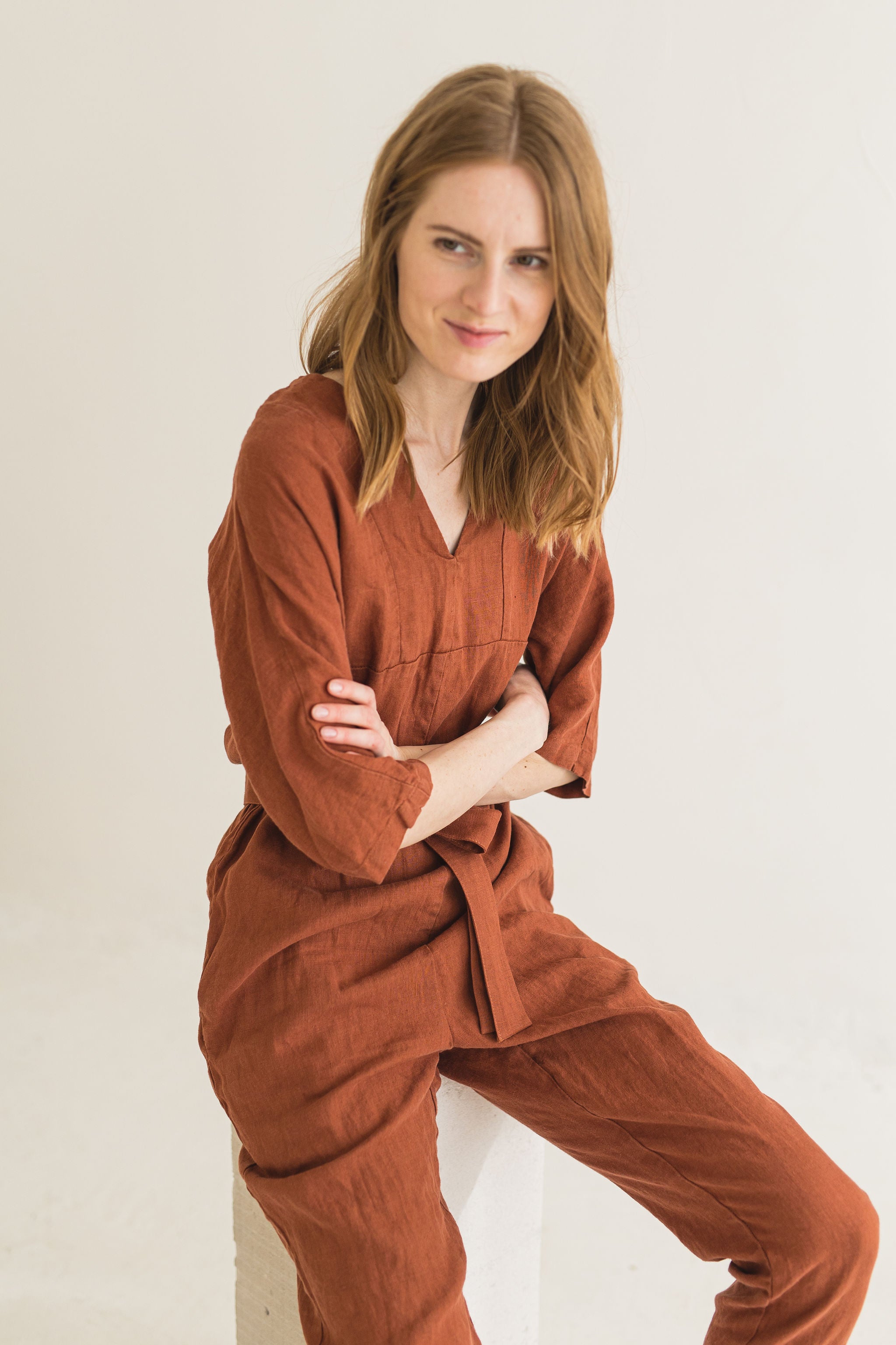 Soft Linen Jumpsuit with Belt Old Linen Mill