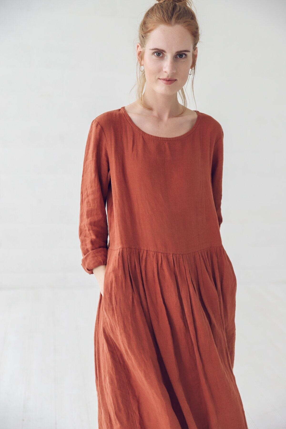 Soft Linen Midi Long Sleeves Dress Old Linen Mill 