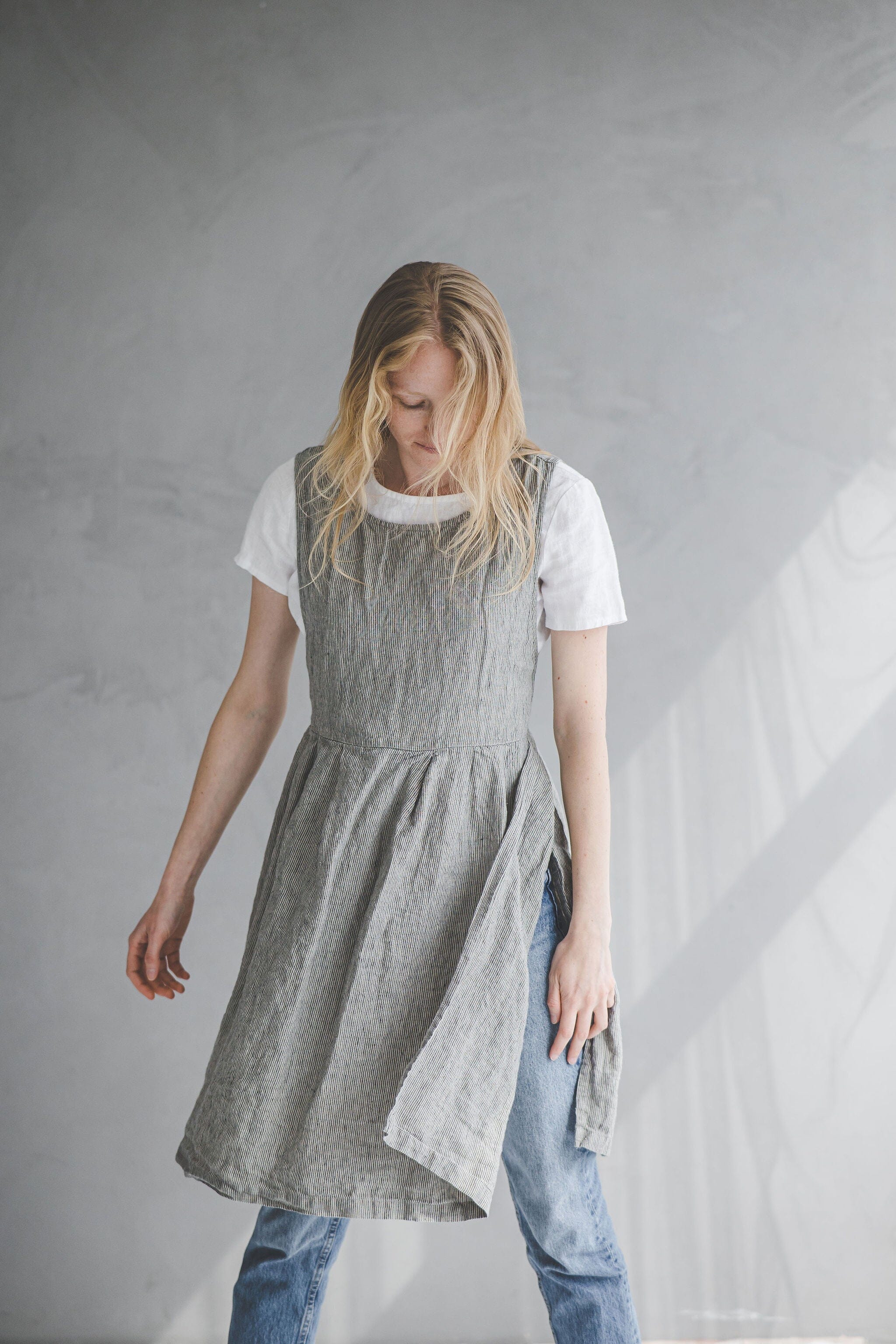 reiss pinstripe pinafore dress grey Striped Pinafore Apron Dress Old Linen Mill