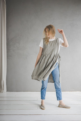 Striped Pinafore Apron Dress Natural Grey Stripes / XS/S Old Linen Mill