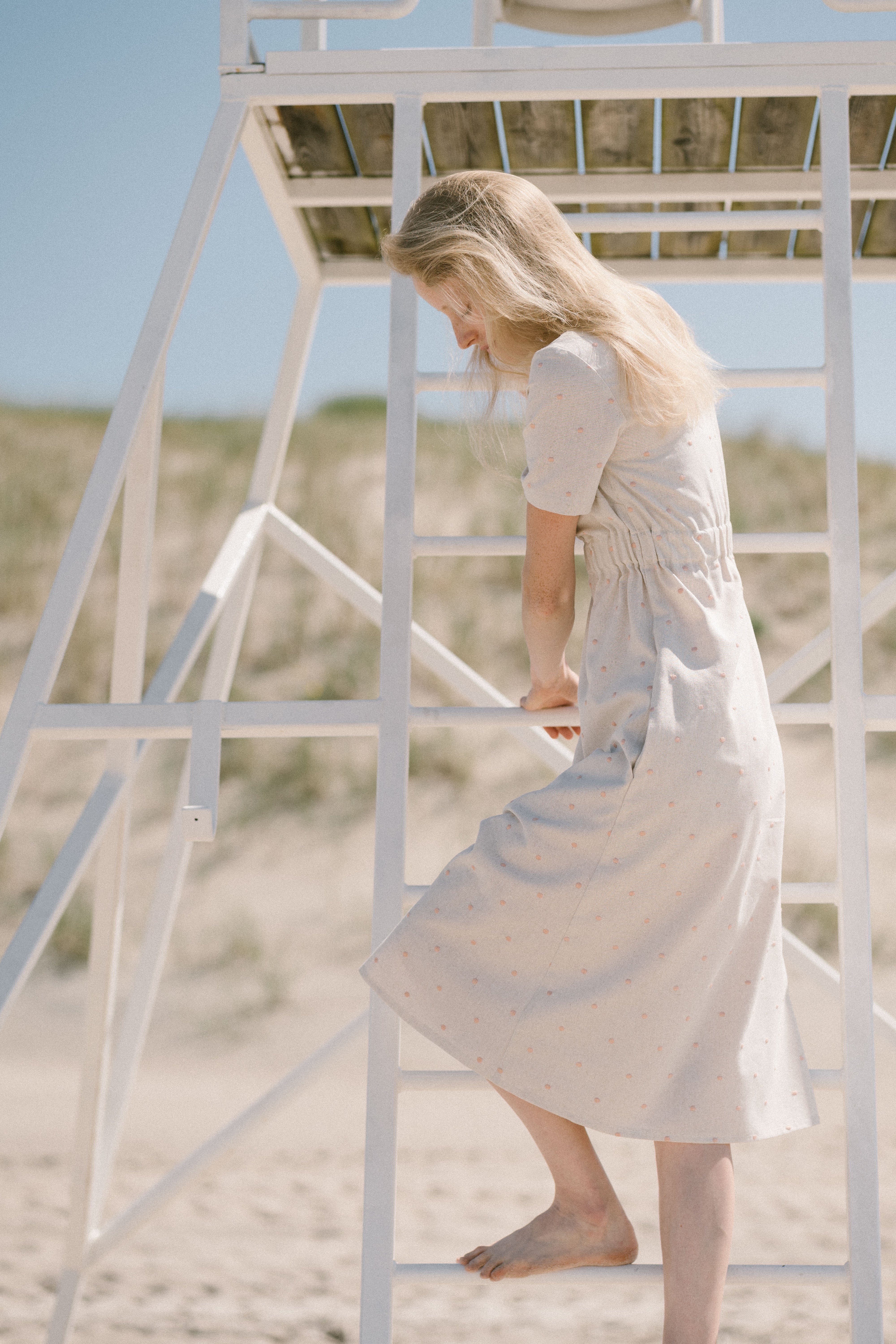 Summer Dress with Short sleeves in polka dot D11 Old Linen Mill