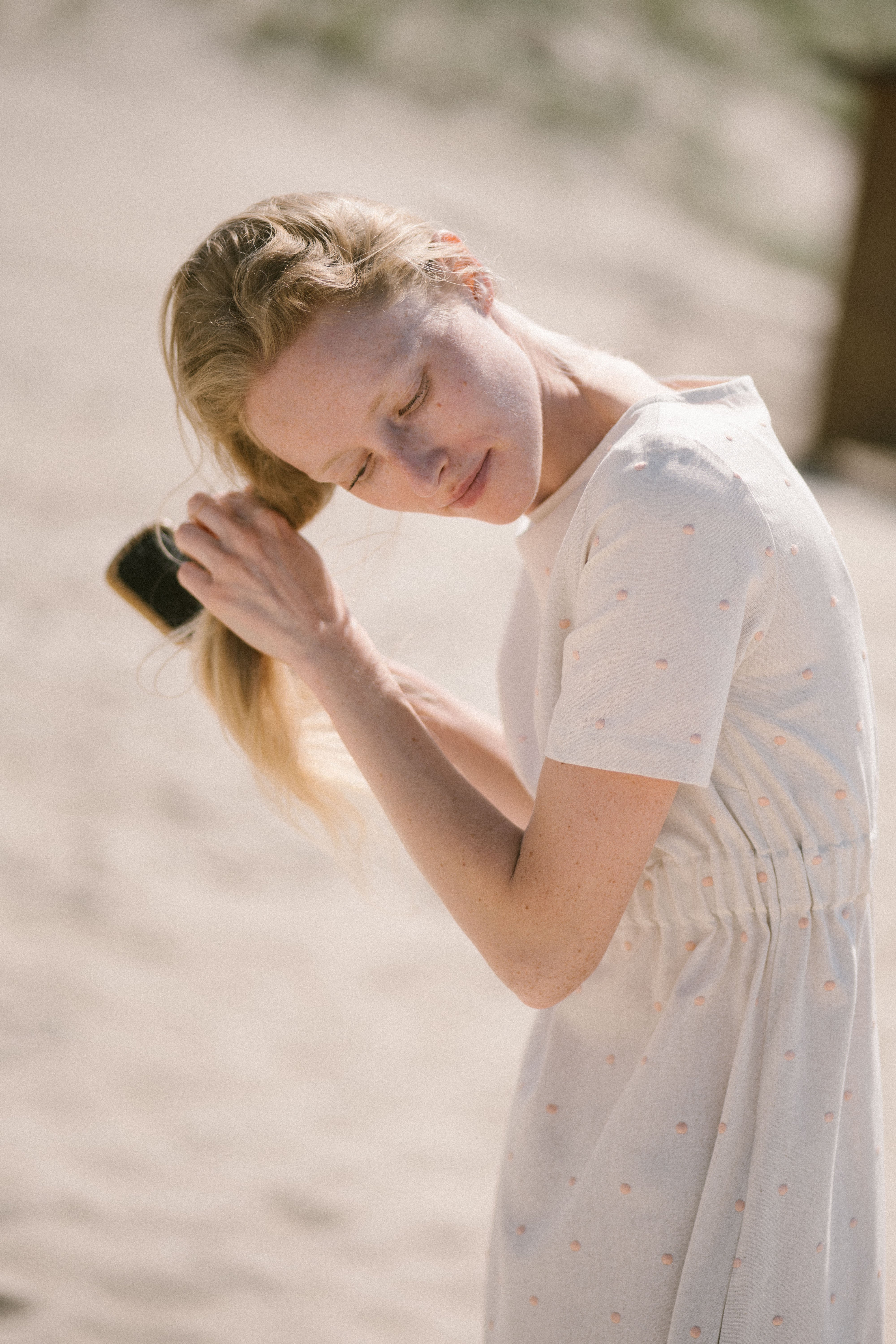 Summer Dress with Short sleeves in polka dot D11 Old Linen Mill