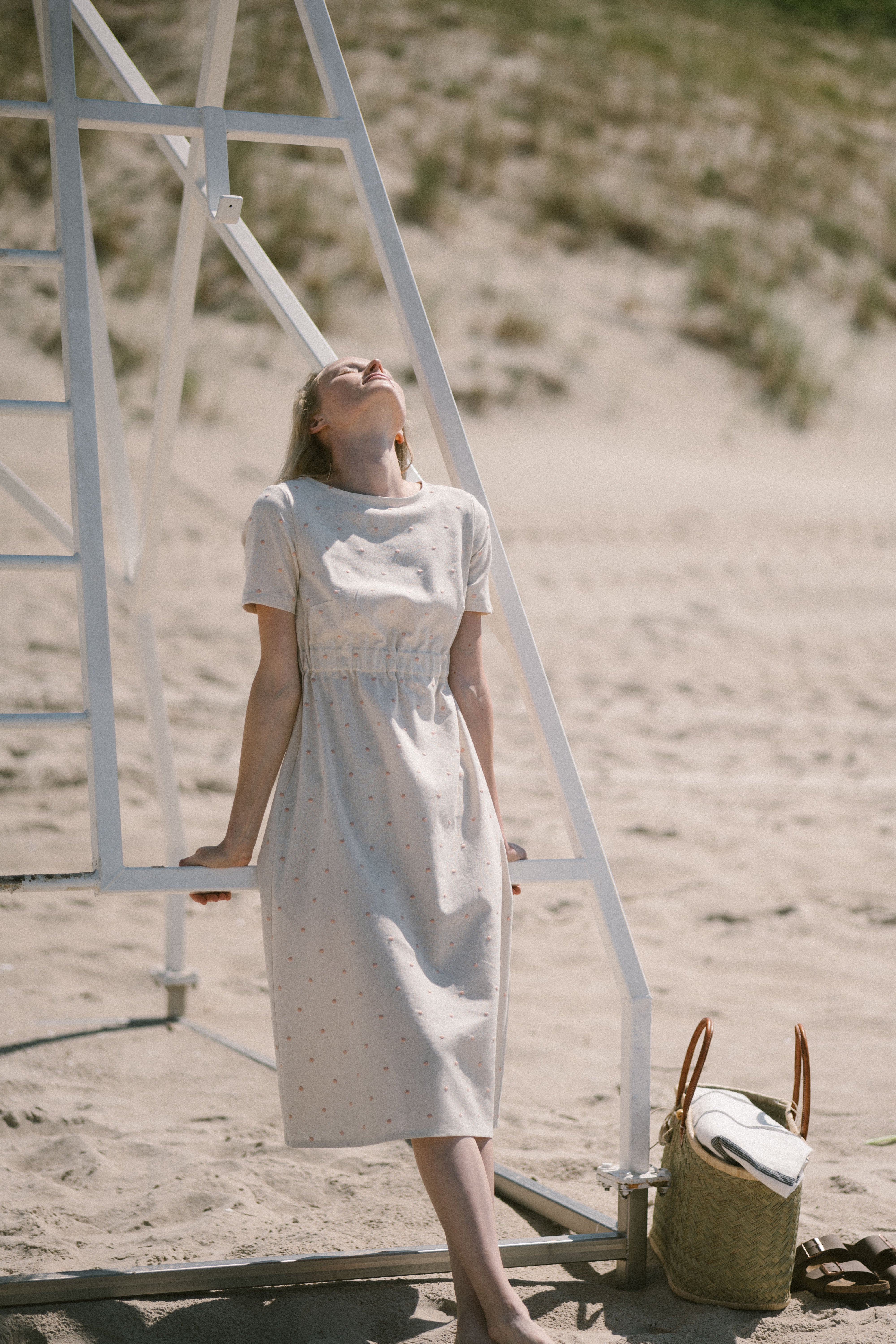 Summer Dress with Short sleeves in polka dot D11 Old Linen Mill