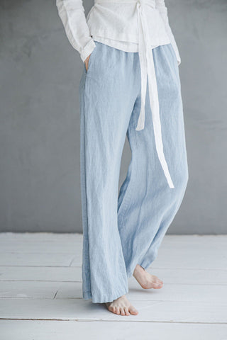 Summer Elastic Waist Linen Pants P08 Old Linen Mill Small Grey Checks XS/S 