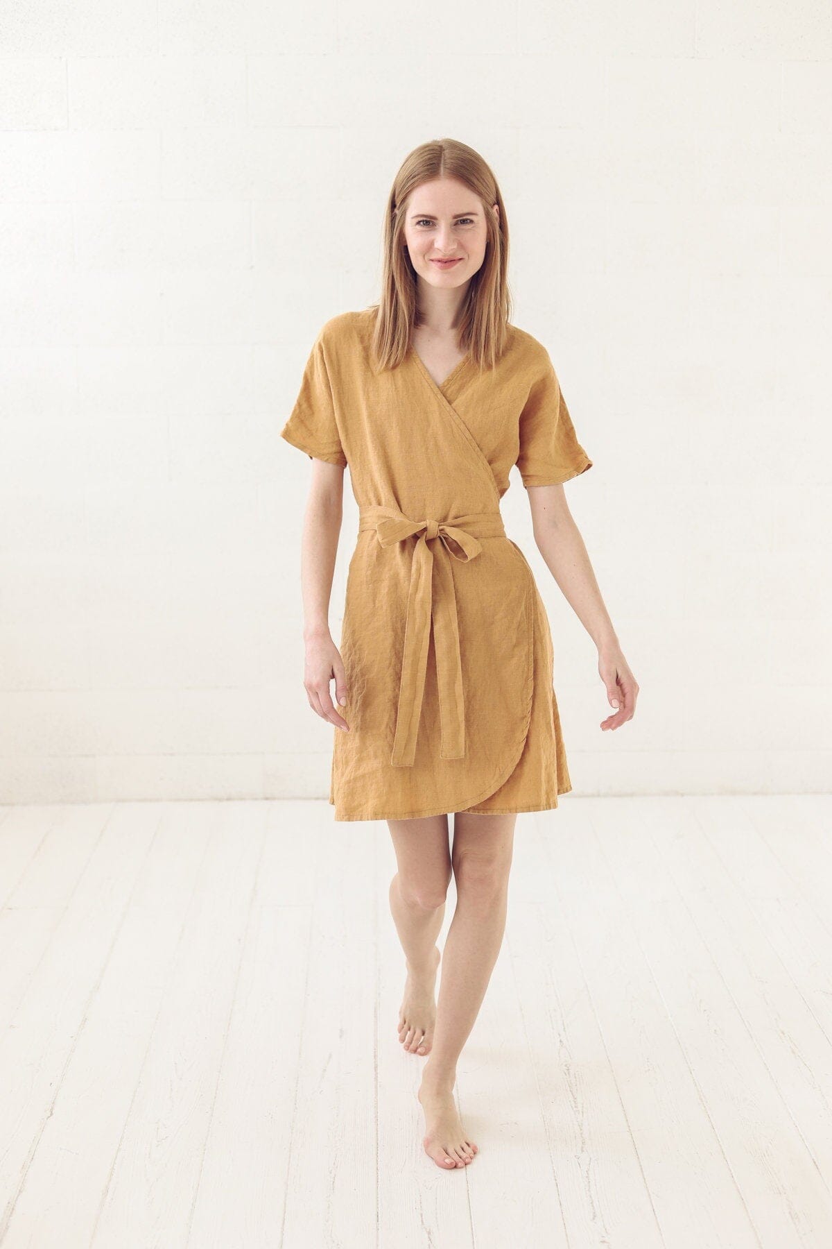 Summer Kimono Wrap Linen Dress Old Linen Mill Small Grey Checks XS/S 