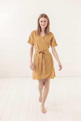 Summer Kimono Wrap Linen Dress Old Linen Mill Small Grey Checks XS/S 