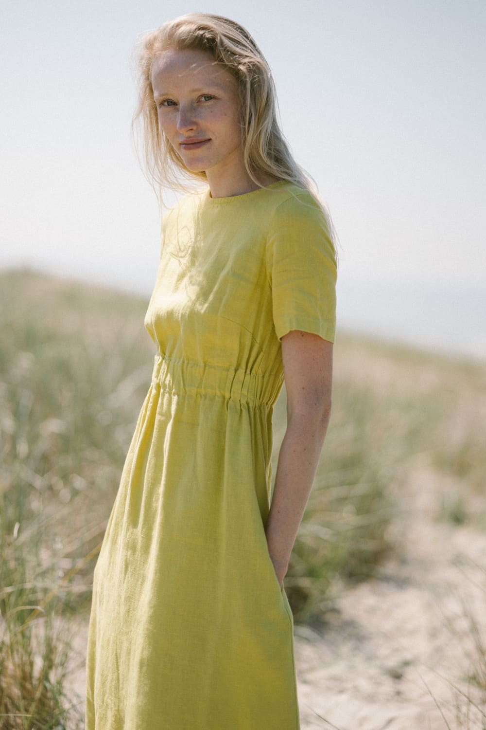 yellow linen dress Belle with Rose in vichy Ties on the front COS Women's Pleated Linen Maxi