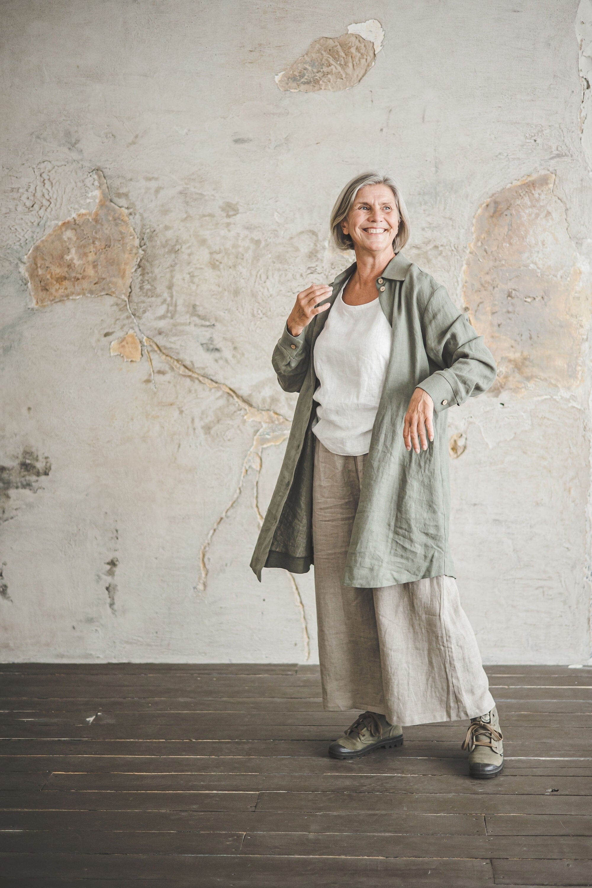 Summer Linen Loose Shirt with Side Pockets Old Linen Mill Small Grey Checks XS/S 