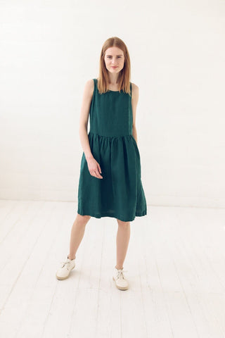 Swing Linen Dress with Pockets Old Linen Mill Small Grey Checks XS 