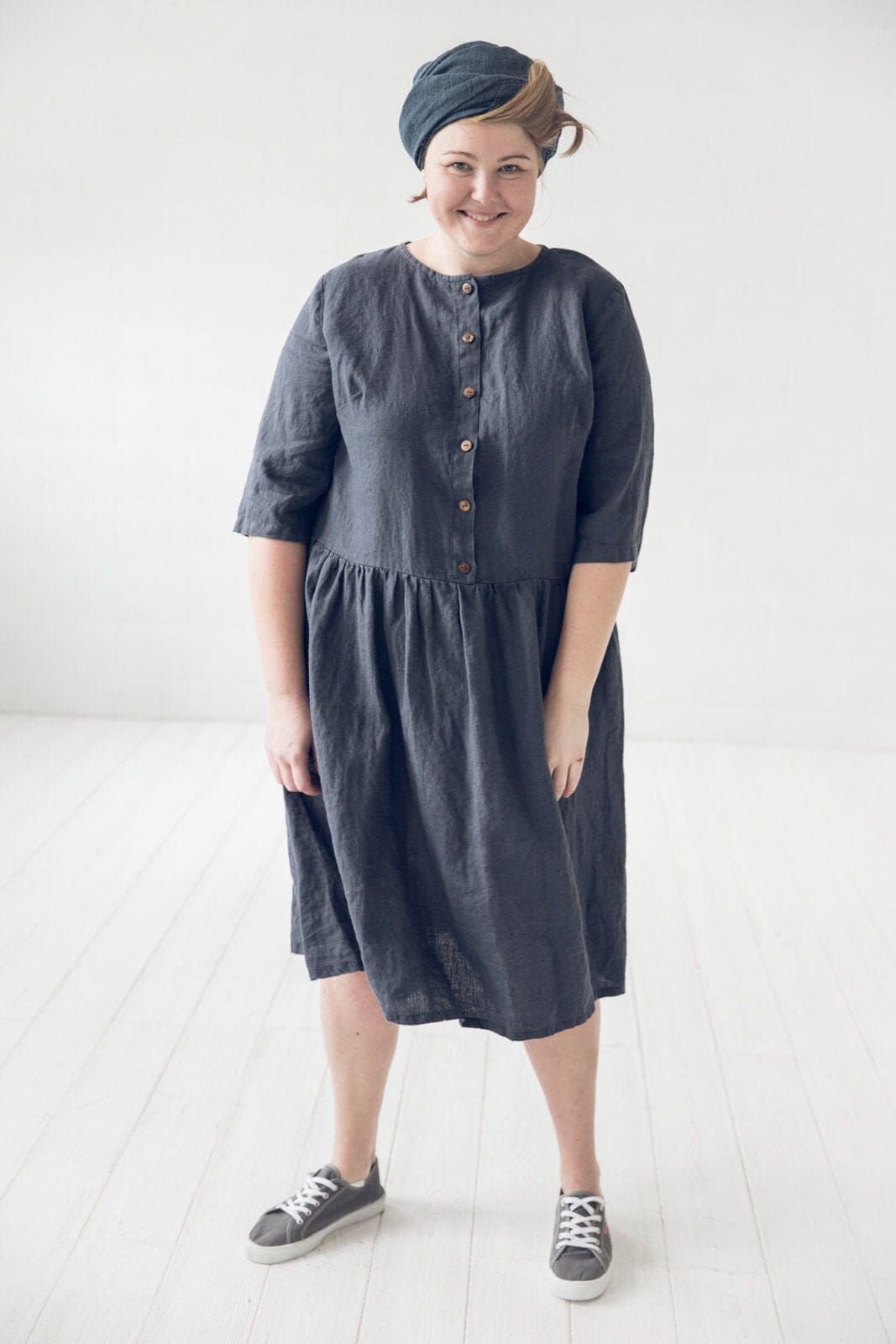 Swing Loose Linen Dress Old Linen Mill Small Grey Checks XS 