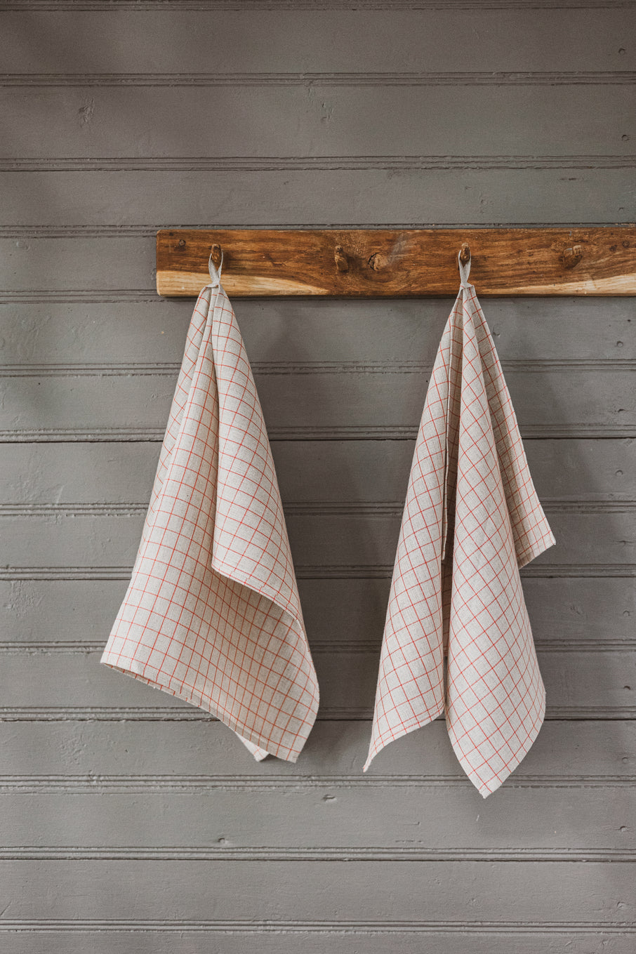 Tea Towels Set of 2 In Natural Red Checks TT50x70 Old Linen Mill