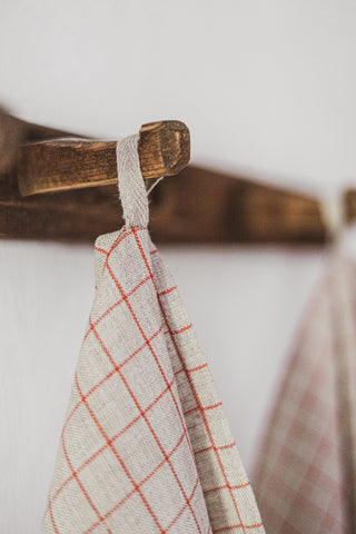 Tea Towels Set of 2 In Natural Red Checks TT50x70 Old Linen Mill