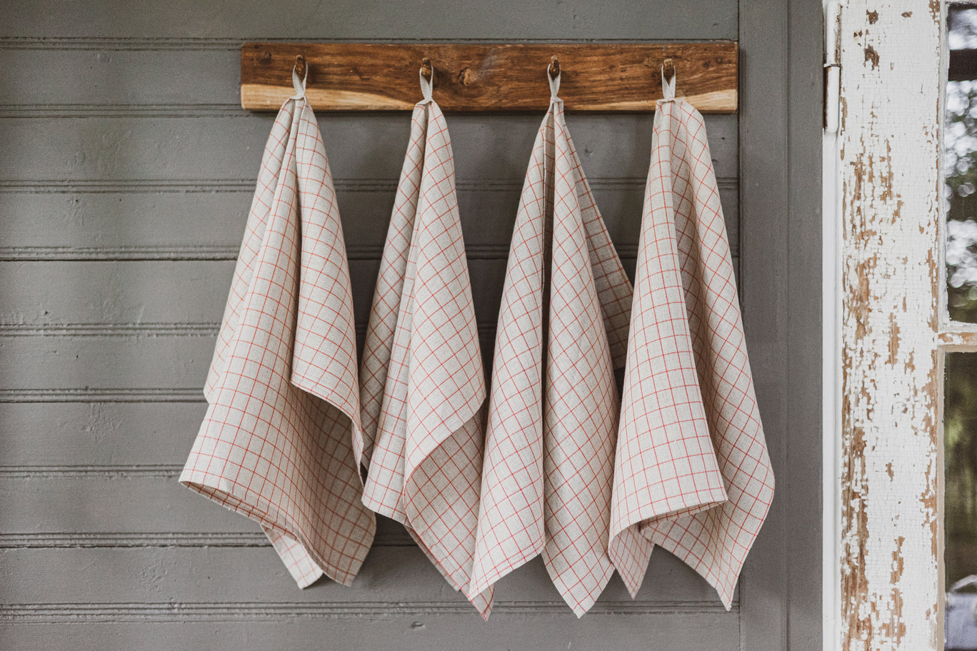 Tea Towels Set of 2 In Natural Red Checks TT50x70 Old Linen Mill